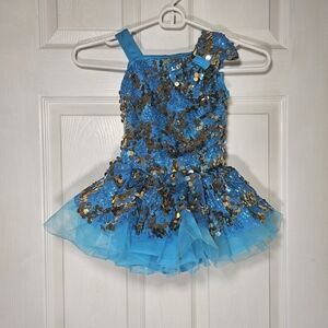 Weissman Girls dance costume, Teal, Copery Gold, Blue Sequins. Sz Small